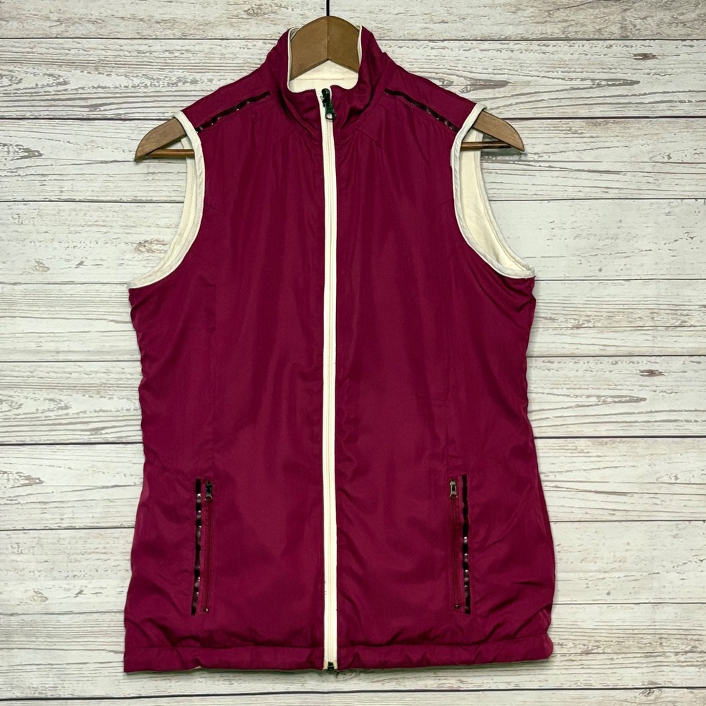 Antigua‎ Reversible Full Zip Vest Maroon Cream Fleece Pockets Womens Small